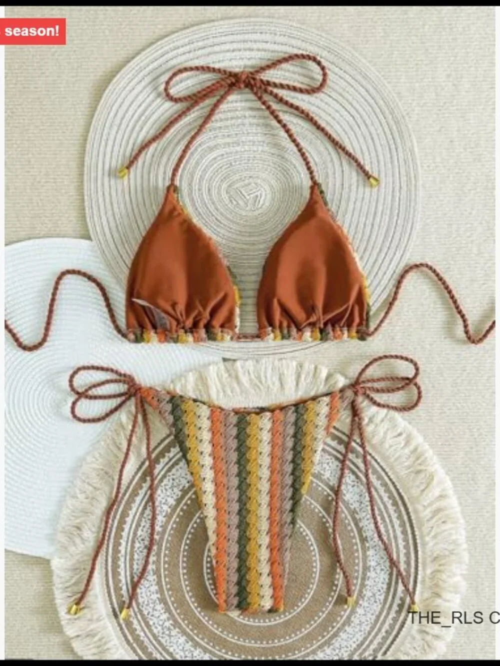 Triangle Bikini Set with Knitted Rope Halter Adjustable Side Tie Swimwear